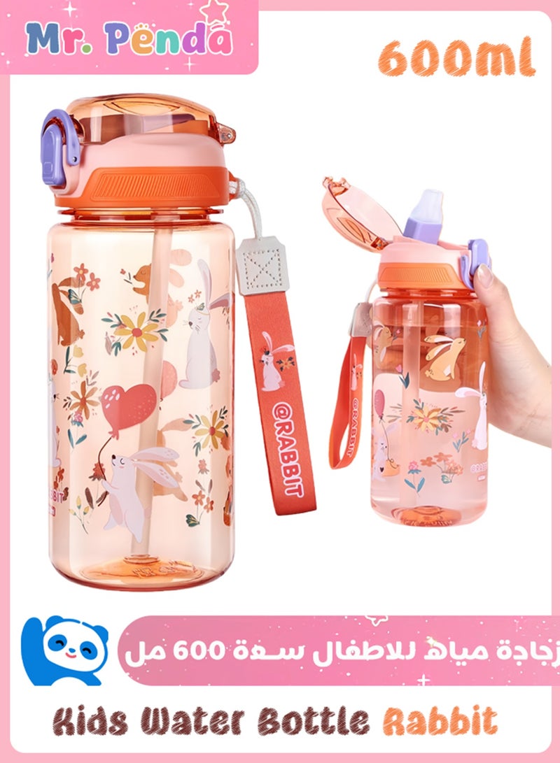 السيد باندا زجاجات مياه للأطفال مع ماصة، زجاجة مشروبات للأطفال الصغار بسعة 600 مل للمدرسة، زجاجة أطفال مانعة للتسرب خالية من BPA من تريتان، زجاجة رياضية للبنات والأولاد (زهري برتقالي   أرنب) - Image 1